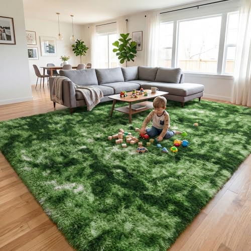 Forest Green Shaggy Rug 4x6 Feet, Soft Plush Non-Slip Area Carpet for Bedroom