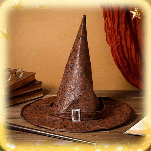 Wizard Hat Christmas Tree Topper with Light-Up Wand – 16.7in/41cm Brown