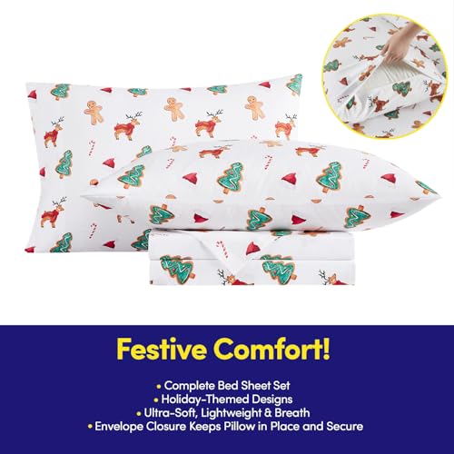 Sweet Home Collection Holiday Cookies California King Sheets with Built‑in Straps – Festive Winter Bedding