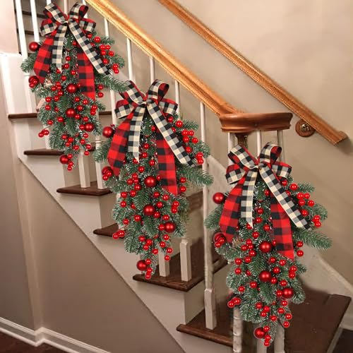 CITYES Xmas Artificial Teardrop Swag Wreath with Pine Cones & Red Berries, Outdoor Indoor Holiday Door Decor