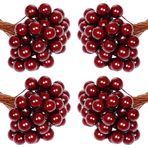 200pcs Artificial Holly Berries - Mini Christmas Fake Berries with Wire Stems for Wreaths & Decor (Wine Red)