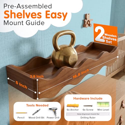 Floating Nursery Book Shelves - Solid Pine Wall Bookshelf for Kids Room (Set of 2)