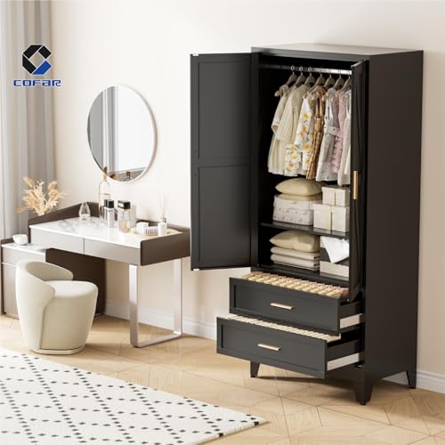 71-Inch Metal Wardrobe Closet with Drawers, Hanging Rod, and Adjustable Shelf