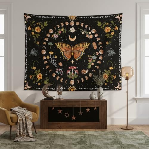 Orange Butterfly Moon Floral Tapestry - Boho Wall Hanging Decor (36" x 48")