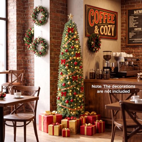 HAPPYGRILL 5ft Pre-lit Artificial Christmas Tree with Warm White LED Lights, Green Slim Xmas Tree