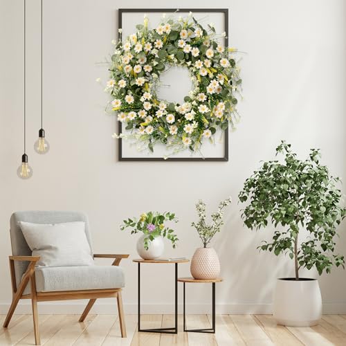 24-Inch Artificial White Daisy Wreath with Eucalyptus and Lavender