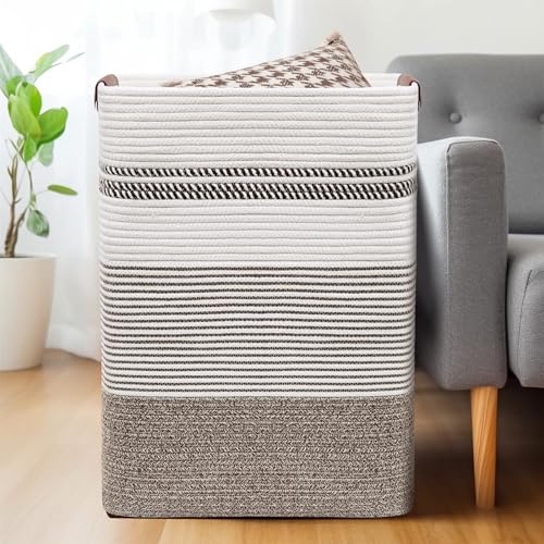 85L Cotton Rope Laundry Basket with Leather Handles - Foldable Storage Bin