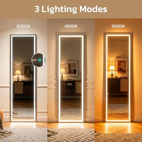 60"x16" LED Full Length Floor Mirror, Dimmable 3-Color Lighted Dressing Mirror
