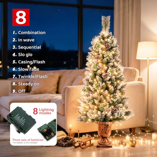 4ft Pre-Lit Artificial Christmas Tree with Gold Pot and Flocked Snow