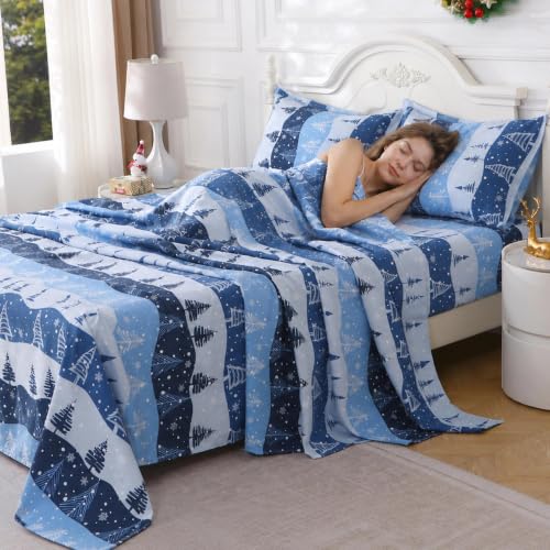 Mooreeke King Snowflake Microfiber Bed Sheet Set - Blue Winter Print