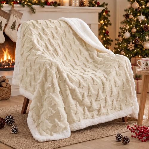 Remagr 3D Christmas Tree Sherpa Throw Blanket 50x60 Beige (Beige/Xmas Tree)
