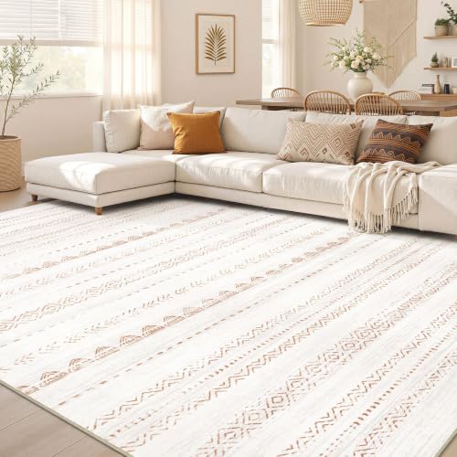 5x7 Boho Moroccan Area Rug - Machine Washable Non-Slip Carpet (Beige/Brown)