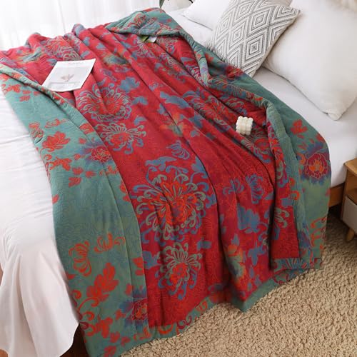 100% Cotton Red Floral Jacquard Quilt - Reversible Lightweight Bedspread