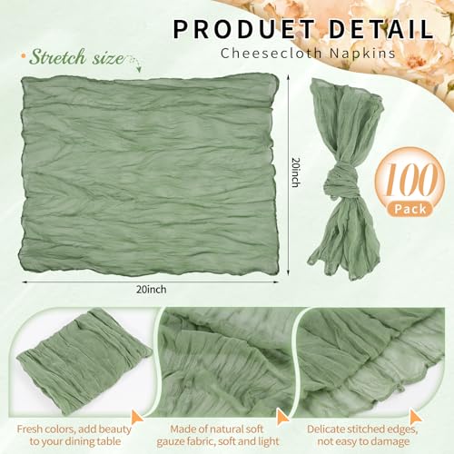 100 Pack Sage Green Cheesecloth Napkins 20"x20" Washable Gauze Table Napkins