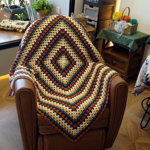 CZQLWW Handmade Crochet Granny Square Throw Blanket - Boho Multicolor Quilt, 43x43 inches, Sweater Style - Variation B