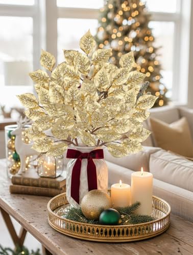 Oairse Champagne Elm Christmas Tree Picks, 31.5-Inch Gold Artificial Branches, 3 Pcs Holiday Decor