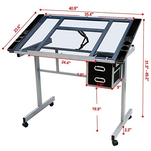 Adjustable Glass Drafting Table with Drawers and Wheels, Art Craft Desk