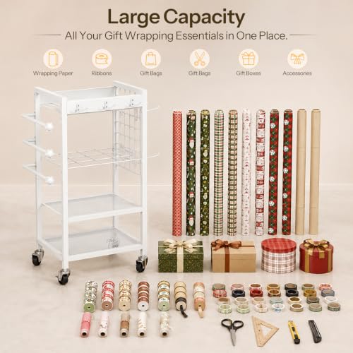 Rolling Wrapping Paper Storage Cart with Wheels and Ribbon Holder