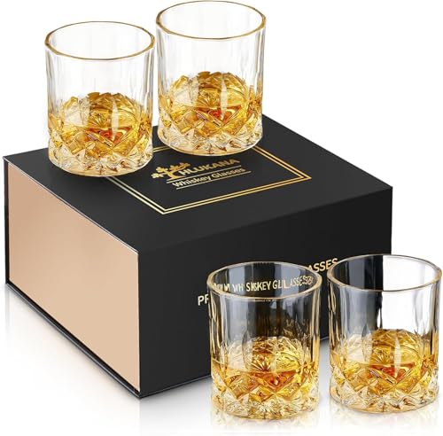 Hlukana Whiskey Glasses Set of 4 - 11 OZ Rocks & Scotch Glassware, Gift for Men & Women