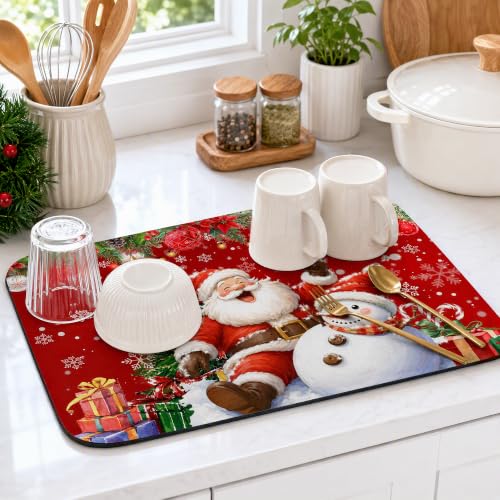 TUNSEZ Christmas Santa Snowman Dish Drying Mat 18x24 Inch Holiday Kitchen Decor