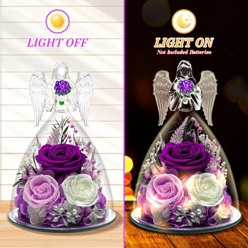 Preserved Purple Rose in Glass Angel Figurine - Eternal Flower Gift