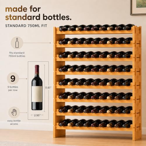 72-Bottle Bamboo Wine Rack, 8-Tier Stackable Freestanding Shelf