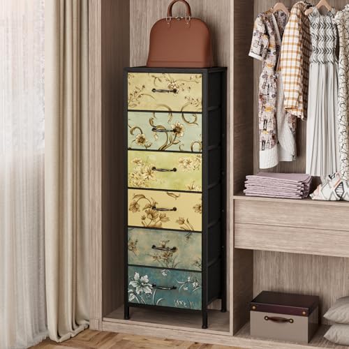 Tall 6-Drawer Dresser with Fabric Drawers, Retro Storage Organizer Unit