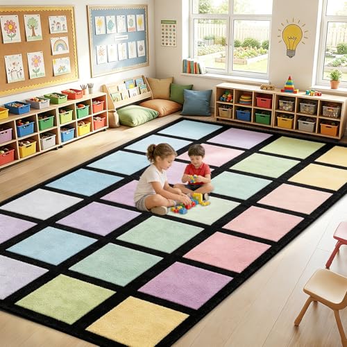 Large Pastel Squares Classroom Rug, 7.6x12 ft Washable Educational Area Mat
