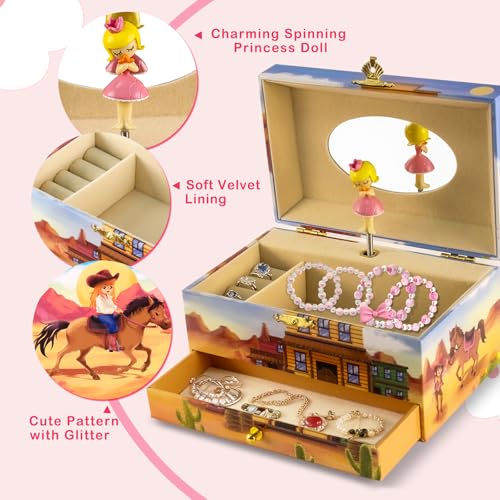Western Cowgirl Musical Jewelry Box for Girls with Necklace & Bracelet Set