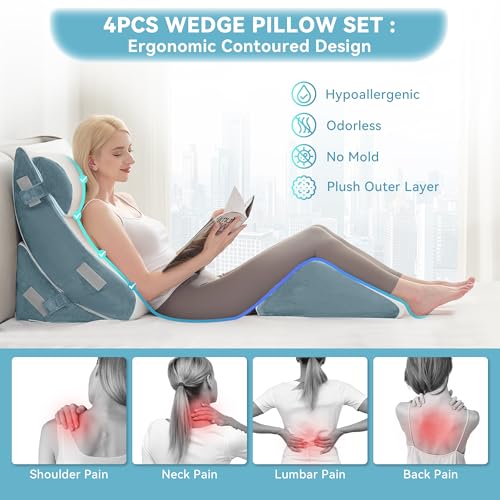 4-Piece Memory Foam Wedge Pillow Set for Pain Relief & Support
