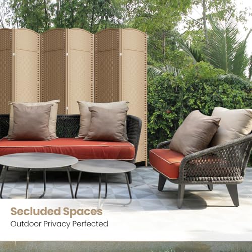 6-Panel Woven Room Divider, 6ft Tall Folding Privacy Screen, Light Beige
