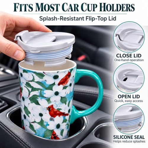 Topadorn 17oz Cardinal Dogwood Mug with Teal Handle & Lid - Redbird & Flower