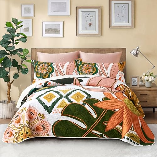 Tyrot 3-Piece Boho Floral King Quilt Set - Reversible Microfiber Bedspread
