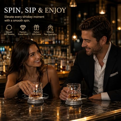 Rotating Whiskey Glass with Large Ice Ball Mold - Kinetic Spin Tumbler for Bourbon & Old Fashioned - Unique Gift for Men, Dad