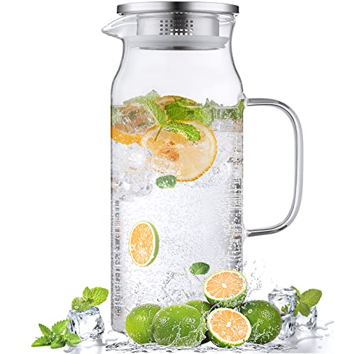 2 Liter (68 oz) Borosilicate Glass Pitcher with Stainless Steel Lid & Handle