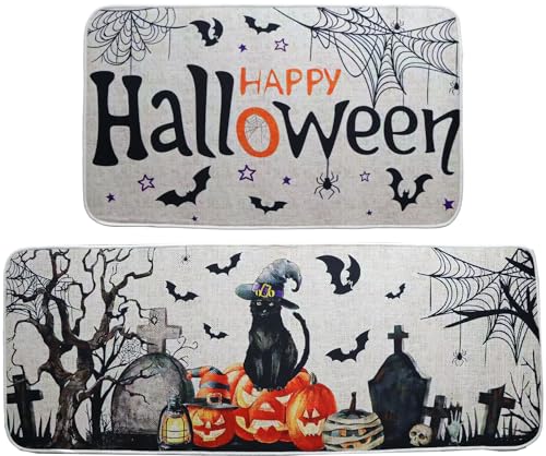 Halloween Kitchen Rugs Set of 2 with White Cat & Pumpkin Decor, Non-Slip Washable Floor Mats