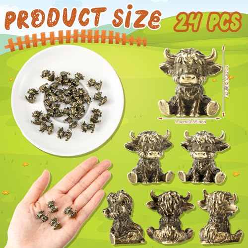 24 Pcs Mini Highland Cow Figurines, 0.59 Inch Vintage Brass Metal Statues
