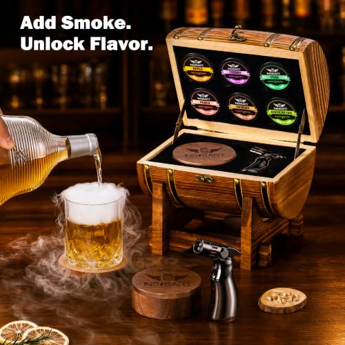 INSISART Charred Whiskey Smoker Kit with Barrel - Old Fashioned Cocktail Smoking Set
