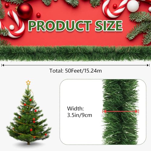 50ft Artificial Green Christmas Garland - Soft PVC Indoor & Outdoor Greenery