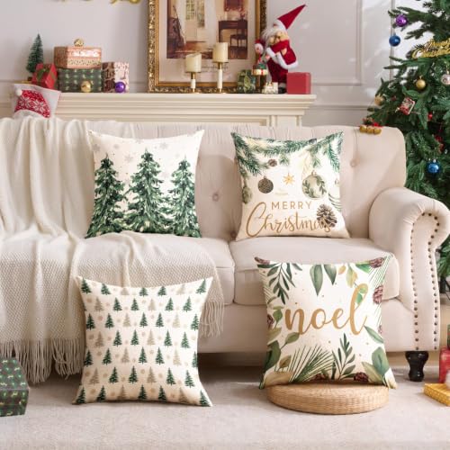 YOSICHY Christmas Pillow Covers 20x20 Set of 4 Green Linen Xmas Decor - Hidden Zipper