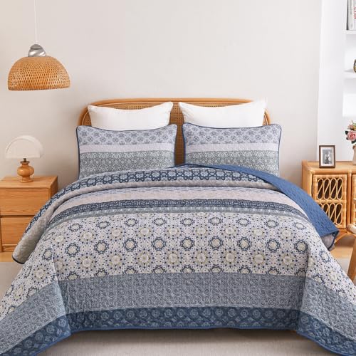 Boho King Quilt Set - 3-Piece Blue Floral Striped Bedspread Coverlet