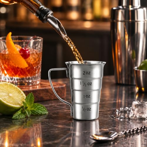 ELFULLY 4-Piece Stainless Steel 2oz Cocktail Jiggers with Handle – Bar & Bartending Tools