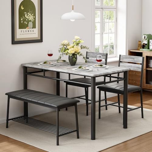 4-Piece Dining Table Set with Upholstered Bench and 2 Chairs, Gray