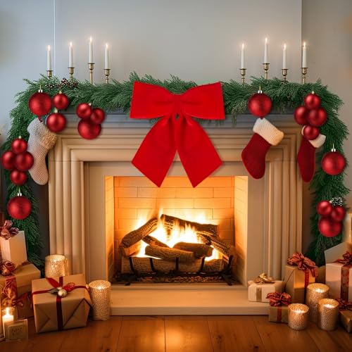 Christmas Outdoor Garland with Jumbo Velvet Bow, 24 Inch Festive Decor
