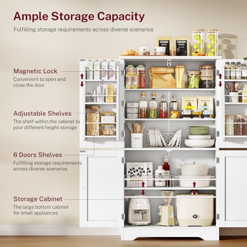 51-Inch Tall Pantry Storage Cabinet with Adjustable Shelves and 4 Doors