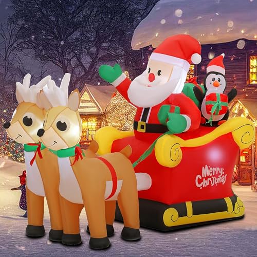 SUNGIFT 6ft Inflatable Santa Sleigh with Reindeer & LED Lights Christmas Decor