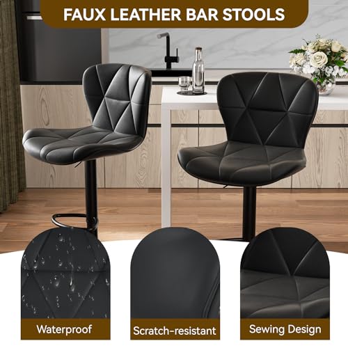 Adjustable Faux Leather Swivel Bar Stools with Back, Set of 2 - Black