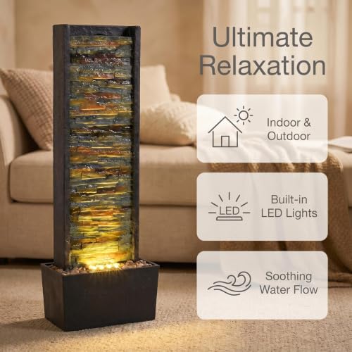 38-Inch Stone Wall Water Fountain with LED Lights for Indoor and Outdoor