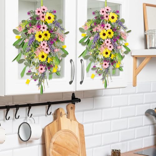 23.6-Inch Artificial Spring Teardrop Swags with Sunflowers, 2-Pack