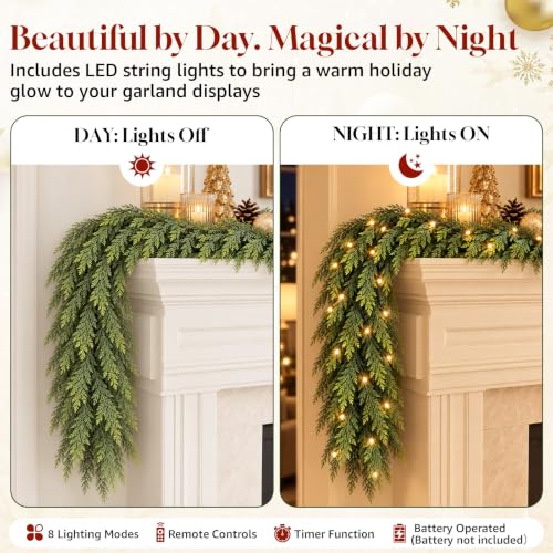 AUMERUNE 9FT Christmas Garland with Lights - Realistic Cedar, Full & Lush, Remote Control Modes